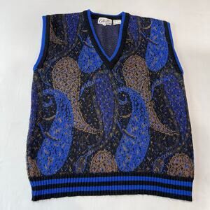 Celeste Sport Vintage Paisley Sweater Vest blue Women's size Medium 80's V-Neck